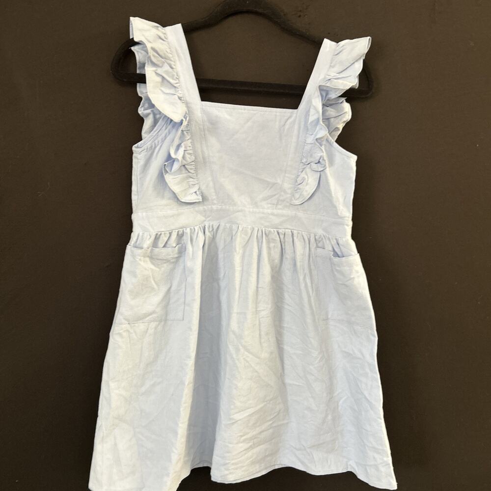 100% Cotton Babydoll Pinefore Blue Mini Dress Size Small Ruffle Trim Cottagecore